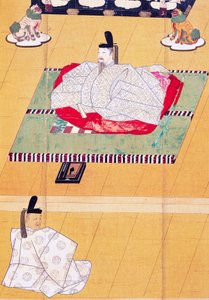 Kejsar Go-Daigo och minister Fujifusa, träsnitt, Kamakura-perioden (1185-1333), japansk civilisation av Japanese School