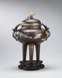 Emalj och mjukmetallinlagd rökelsebrännare av järn, förseglad Koichi Shin (Takasaki Koichi), Meiji Period (järn, guld, silver och emaljer) av Japanese School