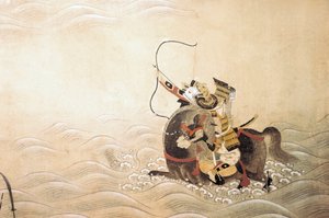 Avsnitt av Genpei (Gen Pei) War (1180-1185): en samuraj beväpnad med en båge och monterad på en häst korsar en flod vid en gue. Japansk konst från Tosa-skolan