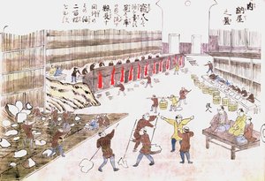 Fabrik för beredning av valprodukter, sent 1800-tal (färggravyr) av Japanese School