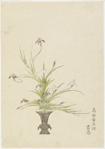 Blomsterarrangemang av Takada Anritsub? Untai, Iris (handfärgat träblockstryck) av Japanese School