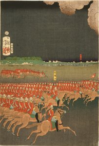 Franska och brittiska trupper engagerade i militära träningsmanövrar, Yokohama, Japan. Brittisk kavalleriövning. Del av triptyk av Taiso Yoshitoshi (1839-1892) japansk Ukiyo-e-konstnär. Häst av Japanese School