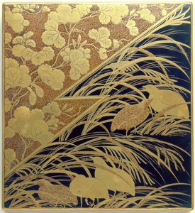 Bläckstensfodral med motiv av pampasgräs och vaktel, Edo-perioden, ca 1630 (lackerat trä med guld, bläcksten  silver) av Japanese School