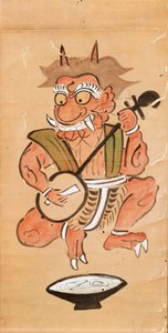 Kakemono som visar en djävul som spelar shamisen (bläck och färg på pappersrulle) av Japanese School