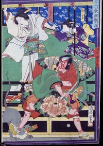 Älskare bestämmer sig för att begå självmord, Kabuki teaterscen av Japanese School