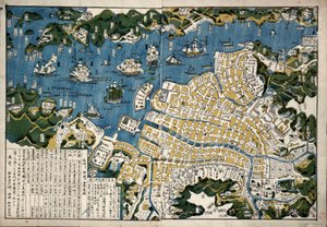 Karta över Nagasaki, Japan, ca 1868 (kolorerat träsnitt) av Japanese School