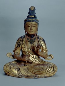 Miroku Bosatsu (trä med förgyllt, guld indigo, brons och pärlor) av Japanese School