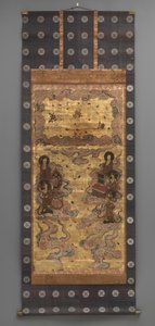 Väggmålning: Nedstigning av tjugofem bodhisattva (deltagare till Amitabha-triaden), 1700-talet (Triptyk hängande rullar: bläck, färg och guld blad på papper, mässing) av Japanese School