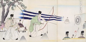 Adelsmän som övar bågskytte, från ett album med träsnitt (träblock i färg) av Japanese School