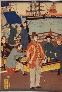 Ett tryck av triptyk som visar europeiska köpmän som tar förfriskningar med japaner. I bakgrunden finns fartyg i Yokohama hamn, Japan av Japanese School