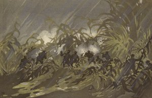 Våra infanterisoldater skärmytslingar i ett fält av hirs nära Liao-yang (chromolitho) av Japanese School