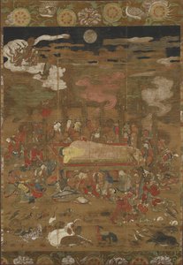 Parinirvana av Sakyamuni, den historiska Buddha (bläck, färg & guld på siden) av Japanese School