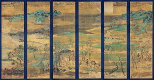 Paysage (Landskap) Skärm i sex paneler - Anonymt verk, gouache på siden av Japanese School