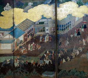 "Portugisisk" skärm: en representation av portugisiska jesuitmissionärers ankomst till Japan på 1500-talet. Detalj. Realiserat av Kanoskolan (?). 1593-1600. Lissabons museum för antik konst av Japanese School