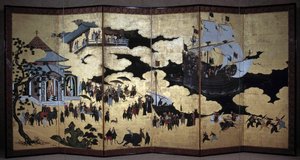 "Portugisisk" skärm som representerar ankomsten av portugisiska jesuitmissionärer till Japan på 1500-talet. 1590-1614. Kanoskolan (?) Lissabon. Nationalmuseet för antik konst av Japanese School