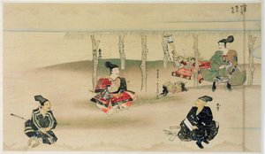 Samurai Takezaki levererar huvuden av två mongoliska inkräktare till Adachi Morinume under den mongoliska invasionen av Japan 1274, illustration från Kokka magazine, maj 1921 av Japanese School