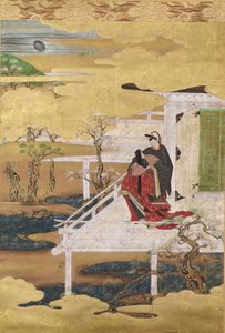 Scen från Sagan om Genji (bläckfärg & bladguld på papper) av Japanese School