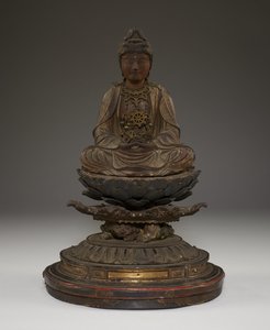 Sittande Miroku Bosatsu (polykromt trä med kristall, metall och bladguld) av Japanese School