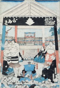 Sumobrottare på väg att börja en match (träblocktryck) av Japanese School