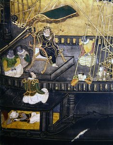 Portugisernas ankomst till Japan, detalj som visar män i den centrala delen av ett skepp, från en Namban Byobu-skärm, 1594-1618 av Japanese School