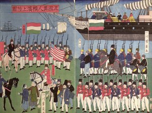 Ankomsten av Commodore Perrys skvadron till en japansk hamn 1853 (träblock i färg) av Japanese School