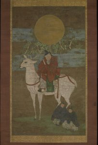 Avgången från Kashima (Deity of the Kasuga ut), sent 1300-tal (Hängande rulle: bläck, färg och guld på siden) av Japanese School