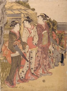 Three Beautys In The Marketplace (trätryck i färg) av Japanese School