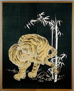 Tiger och bambu, motiv på bomullsduk (byobu) med två dörrar, risstärkelse och indigodoppning med pigment, japansk civilisation, Meiji-Taisho-perioden av Japanese School