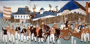 Triptyk som visar en parad av utlänningar, Yokohama, i en hästdragen öppen vagn och ledd av en man som bär stjärnorna och ränderna och ett militärband, 1861. Utagawa Yoshigawa (aktiv 1850-1870) japansk ukiyo-e-konstnär. av Japanese School