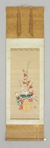 Två japanska dockor och en blomning Gren, sent 1700-tal (färg på siden) av Japanese School