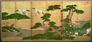 Två tranor som dyker bakom tall och stenved, Edo Period av Japanese School