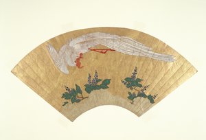 Omonterad fläkt: Fågeldykning på snötäckt bambu, ca 1700-60 (guld & wc på papper)