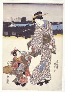 Untitled (A Woman And Child) (träsnitt i färg) av Japanese School