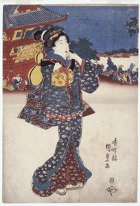 Untitled (A Woman Traveling) (träsnitt i färg) av Japanese School