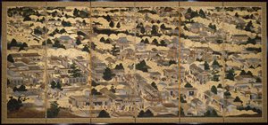 Vyer i och omkring Kyoto (Rakuchu rakugai zu), ca 1616-24 (bläck, färg och bladguld på papper) av Japanese School