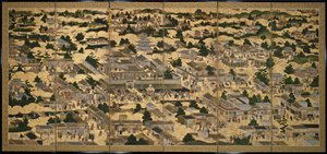 Vyer i och omkring Kyoto (Rakuchu rakugai zu), ca 1616-24 (bläck, färg och bladguld på papper) av Japanese School