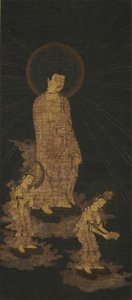 Välkomnande nedstigning av Amida Buddha-triaden (guld och färg på indigofärgat siden) av Japanese School