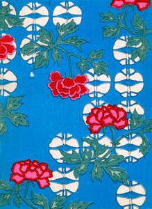 Vita lyktor och pioner på en blå bakgrund av Japanese School