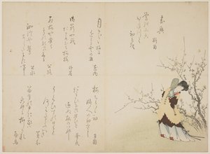 Kvinna i kinesisk hovdräkt, ca 1830-44 (trätryck i färg, karazuri på päls) av Japanese School