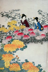 Kvinnor i en blommande trädgård (trätryck i färg)