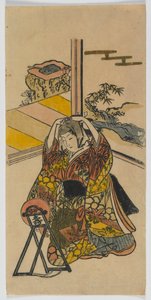 Ung kvinna som knäböjer bredvid en spegel, Edo-period, 1720-talet (trätryck i färg) av Japanese School
