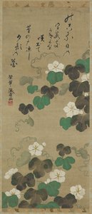 Yugao-rankor och en dikt, Hängande rulle (monterad på panel), 1700-1800-tal (färg på papper) av Japanese School