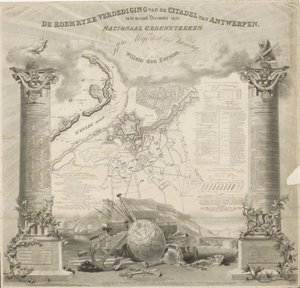 Roemryke Defense of Citadel of Antwerpen, i december månad 1832. Nationellt minnesmärke, till Hans Majestät Kungen, Willem den Eersten (titel på objektet) av Ja.s Wyld