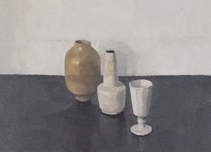 Stilleben med tre föremål, 2024 (olja på papper)