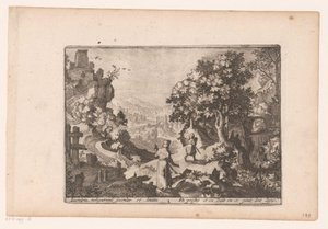Landskap med berättelsen om den barmhärtige samariten: prästen och leviten passerar offret och lämnar det bakom sig Story of the Good Samaritan (serietitel) av Jaspar de Isaac (attributed to)