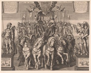 Ludvig XIII och Anna av Österrike med Dauphin och hertigen av Anjou i en vagn dragen av fyra hästar L