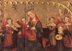 Fack från en altartavla med Jungfrun och barnet och änglar, tidigt 1400-tal (tempera på trä) av Jaume Cabrera