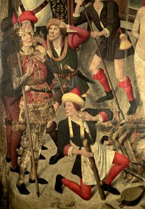 St. Vincent Altartavla: St. Vincents plåga på grillen, Dacian och bödlar, detalj av Jaume Huguet