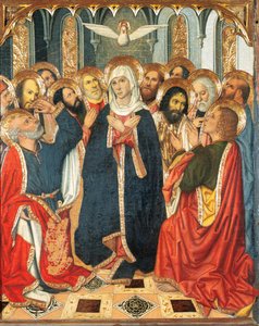 Pingstbordet. Från altartavlan av konstapel i Portugal (1464-1465). Måla på trä. Av Jaume Huguet (1414-1492). XV Century (målning på trä)