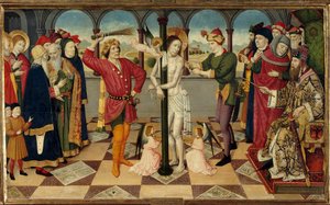 Kristi piskande inför Pontius Pilatus. Detrempe på trä av Jaume (= Jaime) Huguet den äldre (1415-1492). Dämpa. 0,92 x 1,56 m.